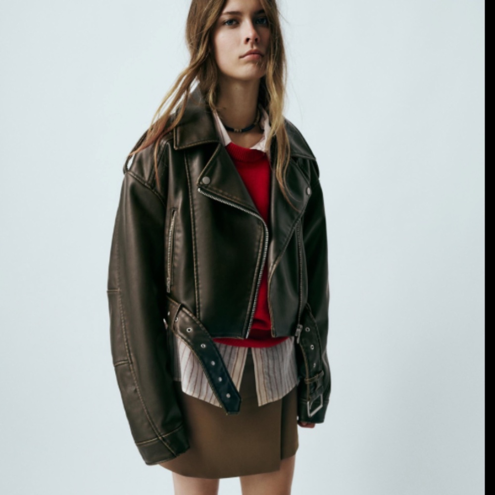Zara Oversized Olive Green Biker Leather Jacket Cropped
